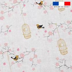 Popeline de coton écrue peigné motif fleur de cerisier et cage à oiseaux