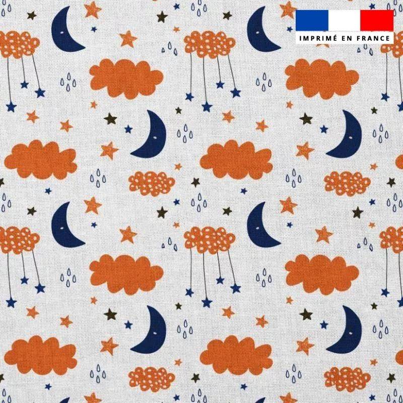 Popeline de coton peigné blanche motif renard nuage étoile et lune orange et bleu