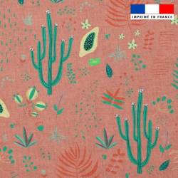 Popeline de coton peigné rose pêche motif cactus et papaye