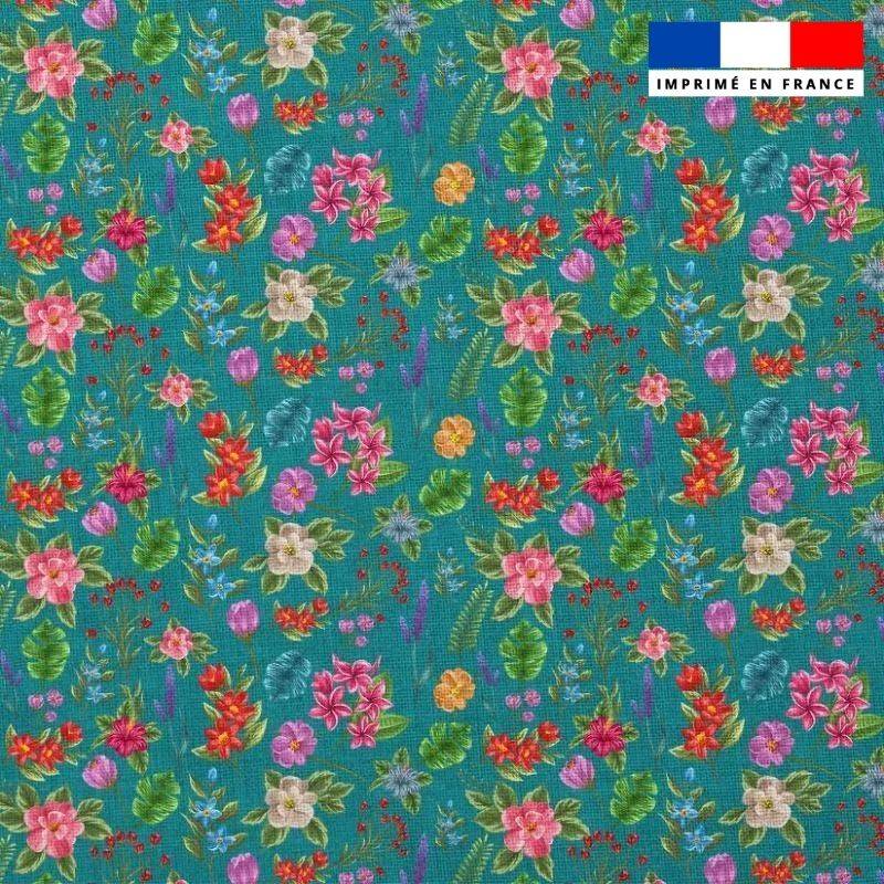 Popeline de coton peigné bleu-vert motif fleurs jungle