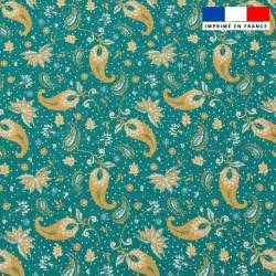 Popeline de coton peigné bleu canard motif petit cachemire ocre