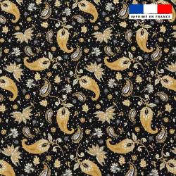 Popeline de coton peigné noire motif petit cachemire ocre