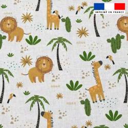 Popeline de coton peigné blanche motif savane girafe et lion