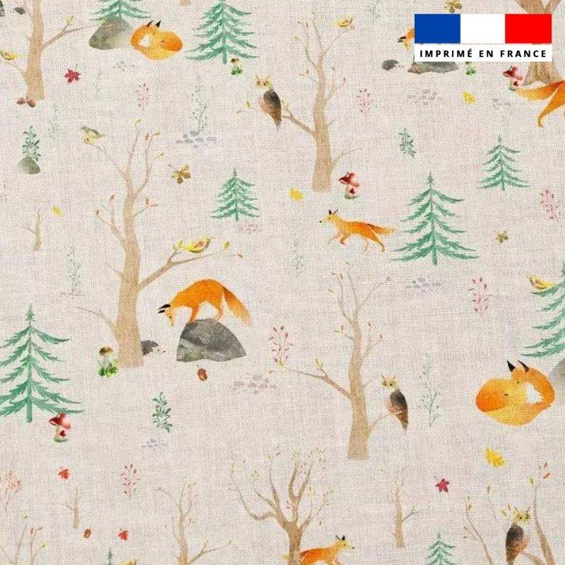 Popeline de coton peigné écrue motif renard et forêt