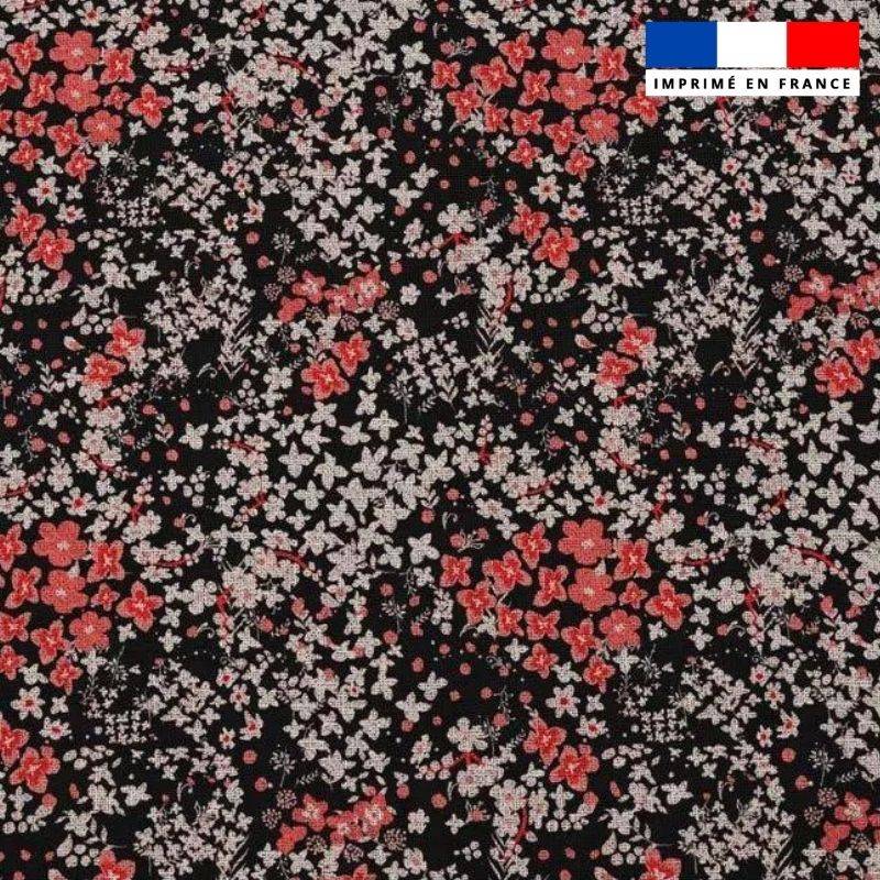 Popeline de coton peigné noire motif fleurs des champs lin et corail