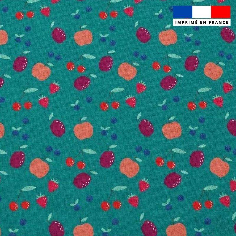 Popeline de coton peigné verte motif cerises