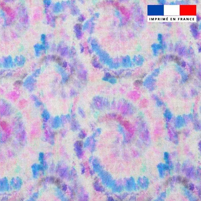 Popeline de coton peigné motif tie and die aquarelle rose et bleu