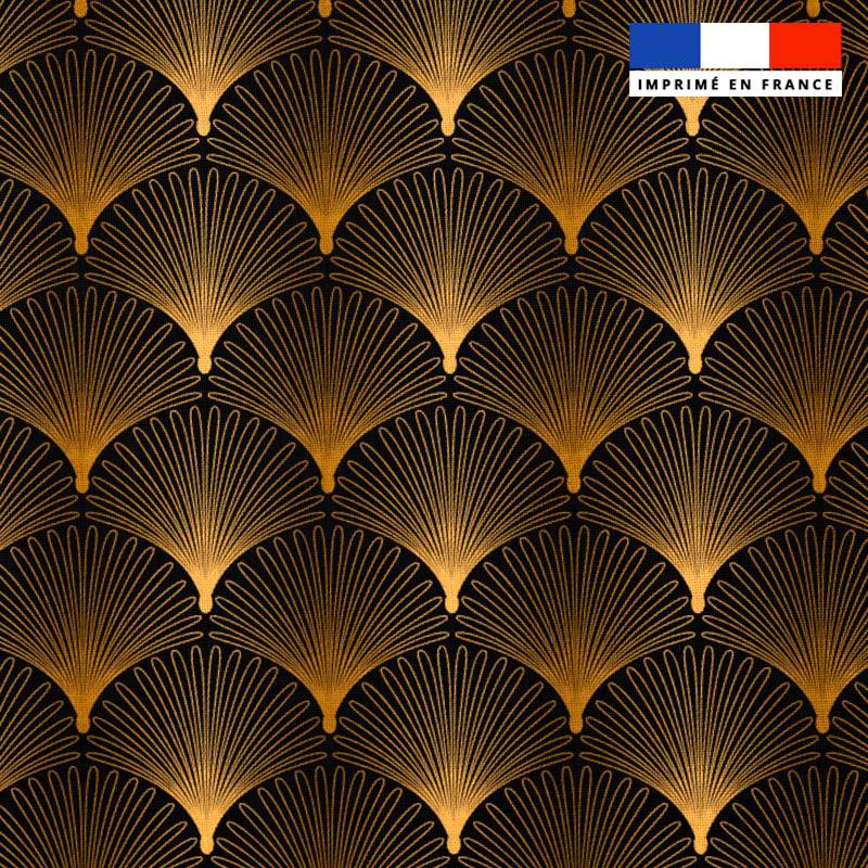 Popeline de coton peigné noire motif palme art déco or