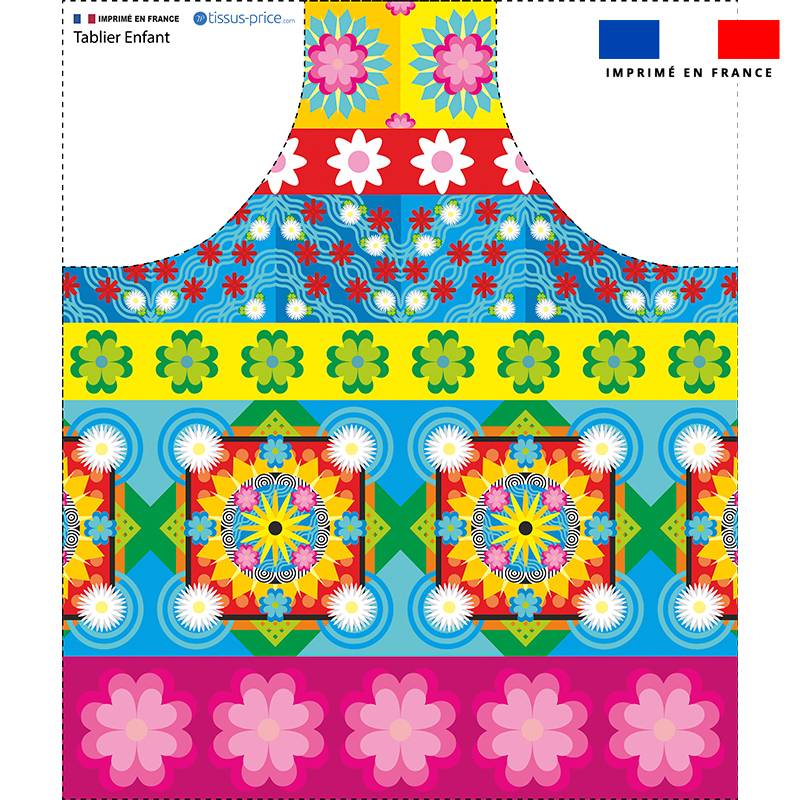 Patron imprimé pour tablier enfant motif fleurs mutlicolores - Création Lita Blanc