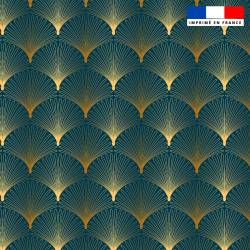 Popeline de coton peigné bleu paon motif palme art déco dorée
