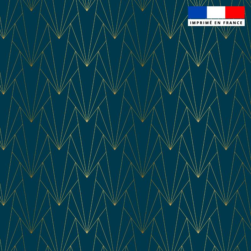 Popeline de coton peigné bleu paon motif écaille géométrique art déco dorée