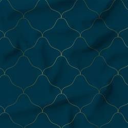 Popeline de coton peigné bleu paon motif écaille abstraite art déco dorée
