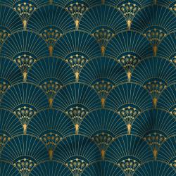 Popeline de coton peigné bleu paon motif éventail royal art déco dorée