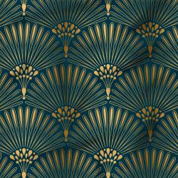 Popeline de coton peigné bleu paon motif éventail à plumes art déco doré
