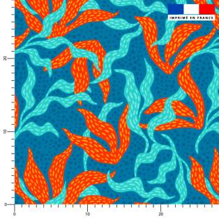 Tissu imperméable motif algue rouge et turquoise