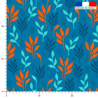 Tissu imperméable motif feuille et plante orange et bleue
