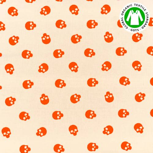 Coton bio naturel motif tête de mort orange fluo