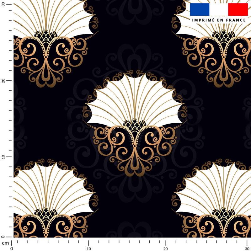 coupon - Coupon 100cm - Eventail ornemental écru et or - Fond noir - Tissu occultant 250 gr/m² - 146 cm