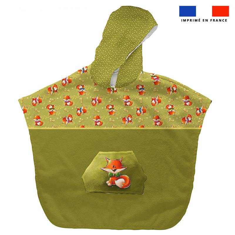 Kit poncho de bain vert kaki motif renard noeud papillon - Création Stillistic