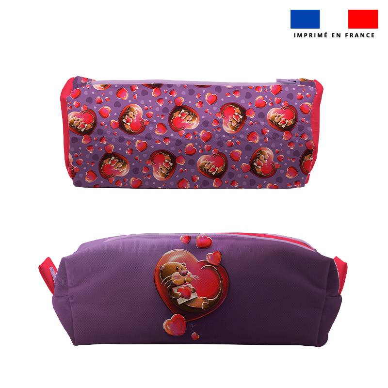 Kit trousse double compartiment motif loutre coeur + 1 trousse assortie - Création Stillistic