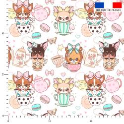 Double gaze blanche motif chiens tea time