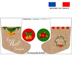 Kit chaussette de noel personnalisé effet toile de jute motif noel rouge et vert + Fausse fourrure