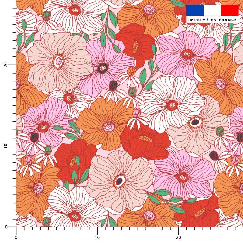 Dessin fleur vintage - Fond rose corail