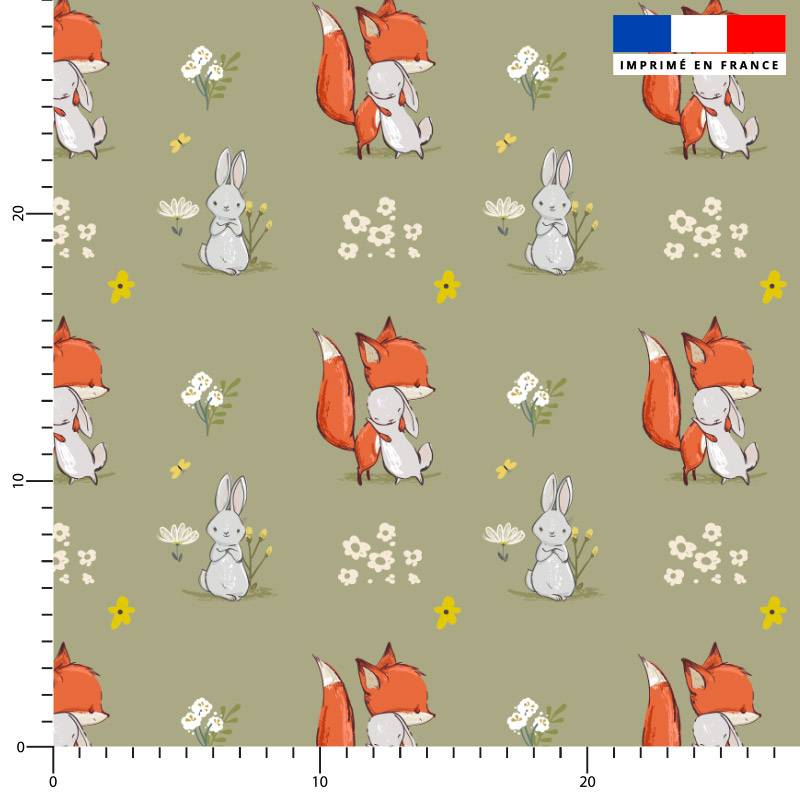 Renard lapin et fleur - Fond vert