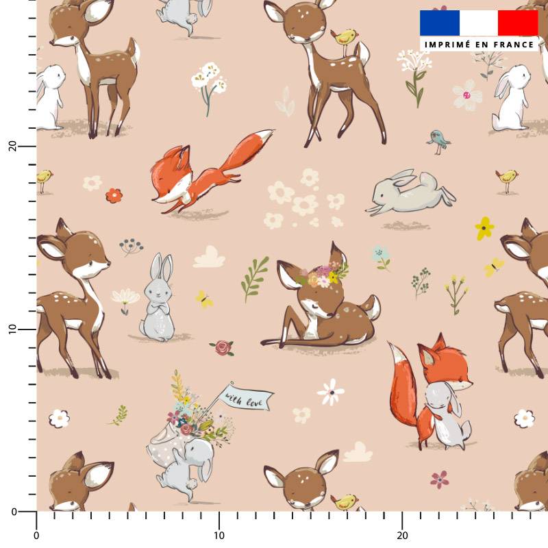 Faon et ses amis renard et lapin - Fond rose beige