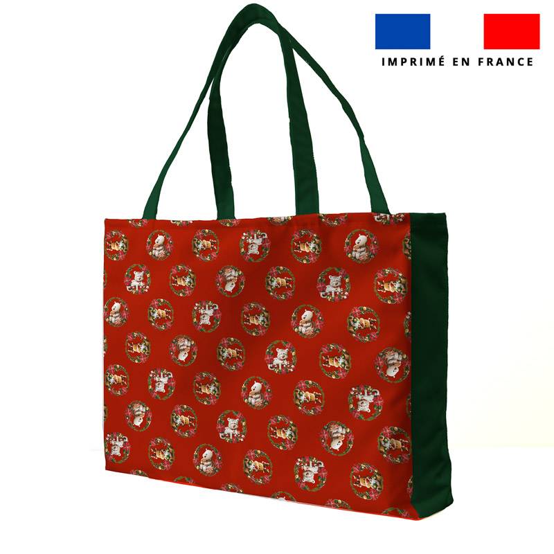 Kit couture sac cabas motif animaux couronne de Noel rouge - Création Stillistic