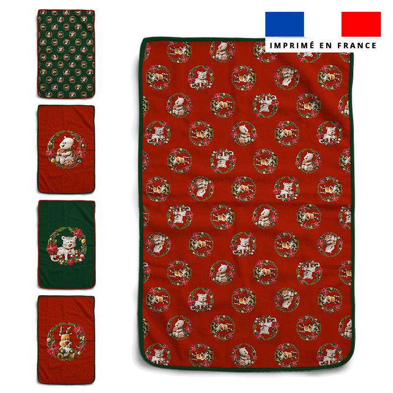 Lot de 5 essuie-mains en éponge motif animaux couronne de noel - Création Stillistic