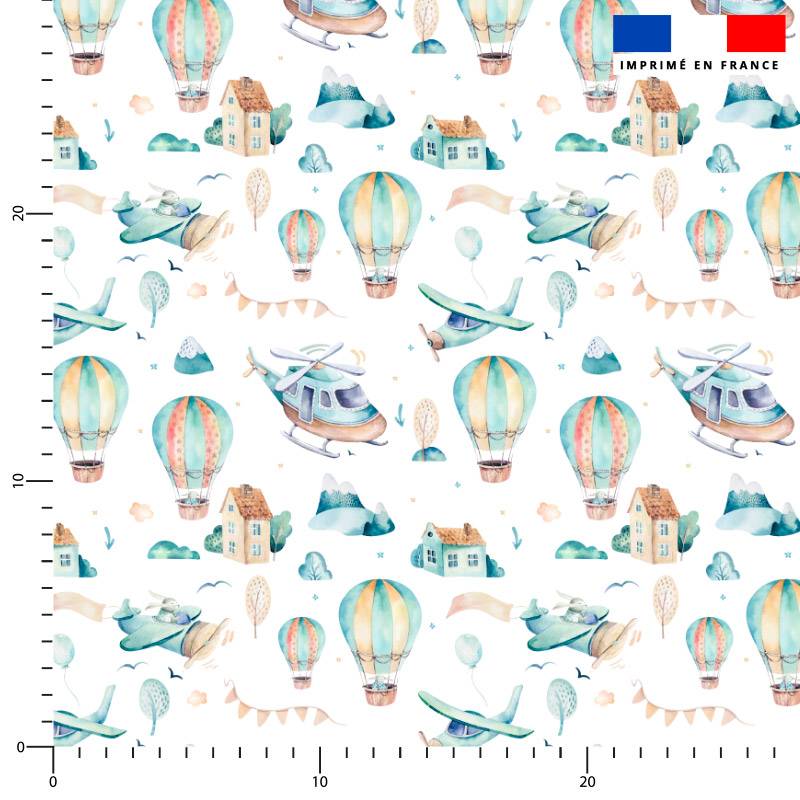 coupon - Coupon 50cm - Montgolfière aquarelle - Fond blanc - Burlington 170 gr/m² - 146 cm