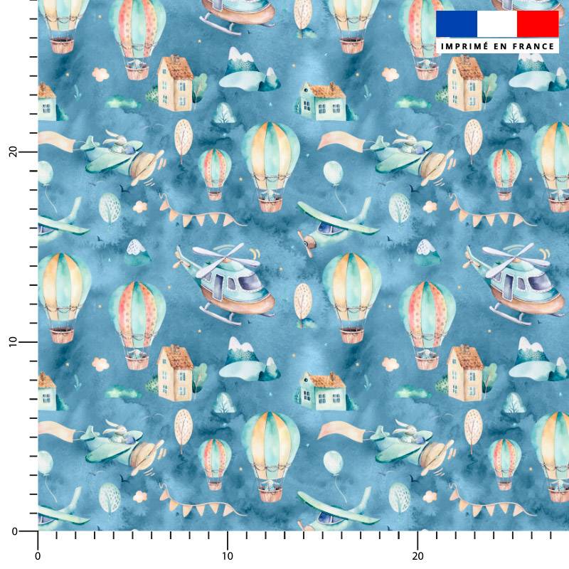 coupon - Coupon 50cm - Montgolfière aquarelle - Fond bleu - Tissu anti-tâche 200gr/m² - 145 cm