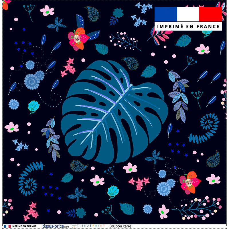 Coupon 45x45 cm motif feuilles violettes et bleues