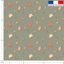 coupon - Coupon 170cm - Feuilles d'automne - Fond gris vert - Création Bénédicte Tron - Éponge bambou 290 gr/m² - 150 cm