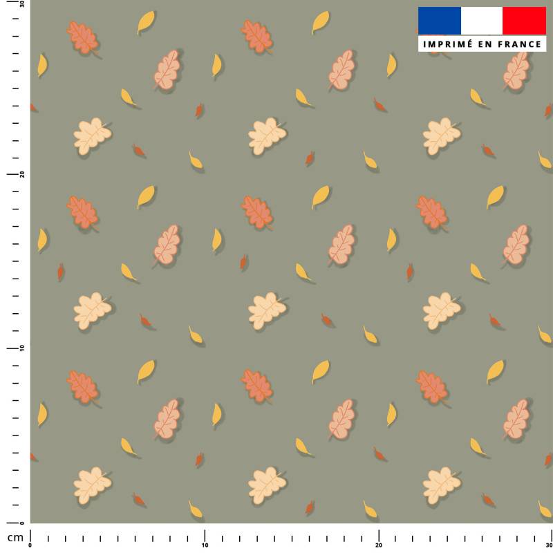 coupon - Coupon 170cm - Feuilles d'automne - Fond gris vert - Création Bénédicte Tron - Éponge bambou 290 gr/m² - 150 cm