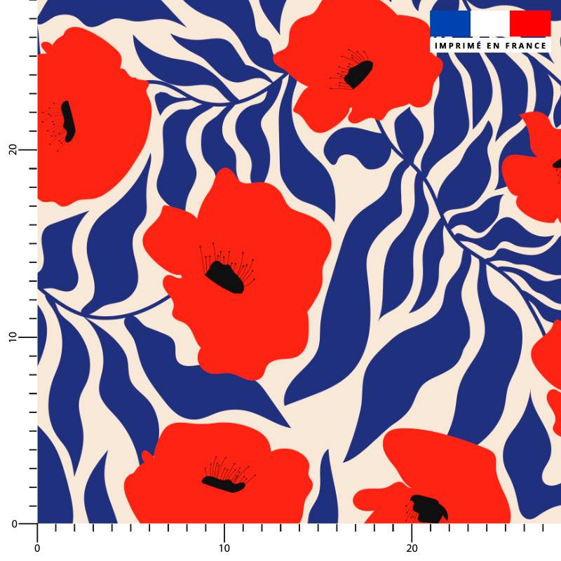 coupon - Coupon Défaut impression 250cm - Coquelicot et feuille bleue - Fond beige - Lycra 184 gr/m² - 147 cm