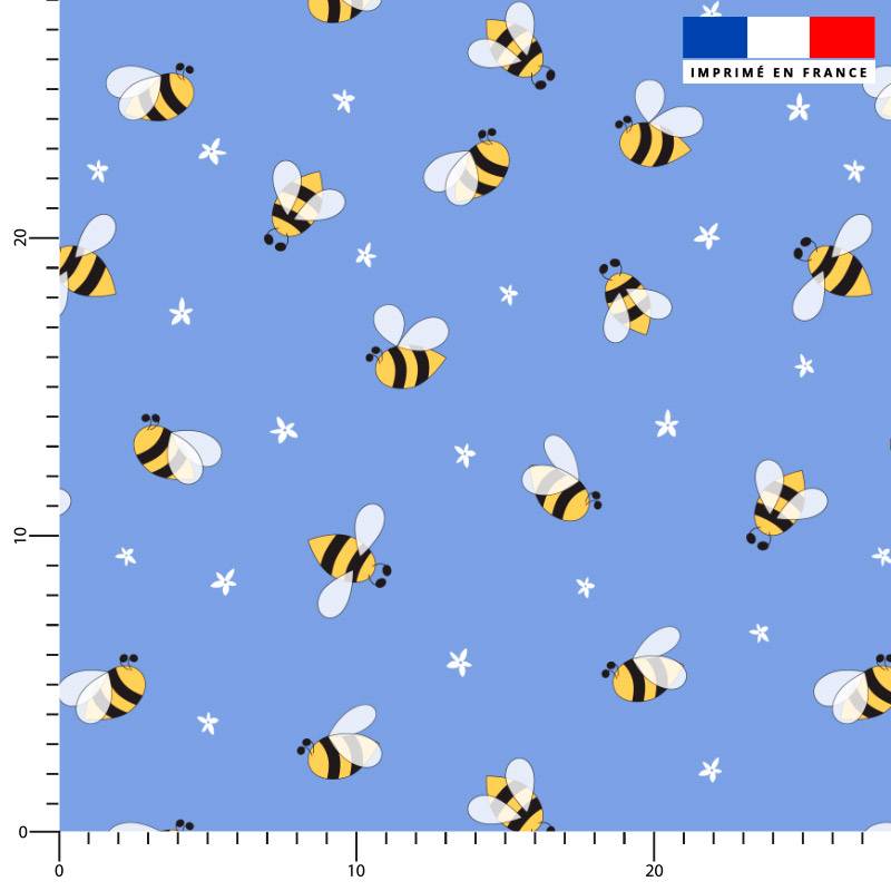 coupon - Coupon 125cm - Abeille - Fond bleu - Popeline de coton peigné 129gr/m² - 144 cm