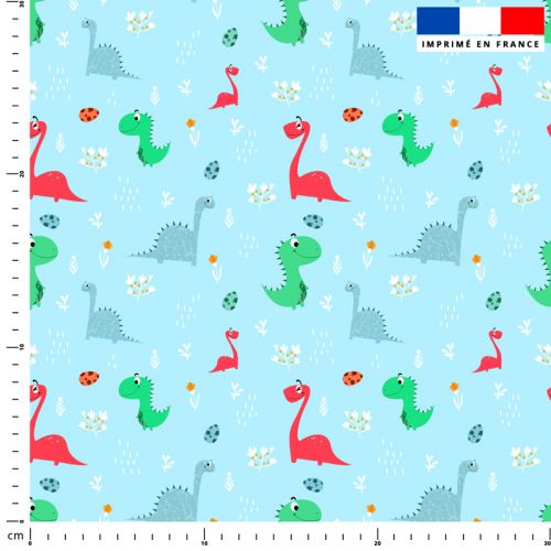 coupon - Coupon 360cm - Dinosaure - Fond bleu clair - Popeline de coton peigné 129gr/m² - 144 cm