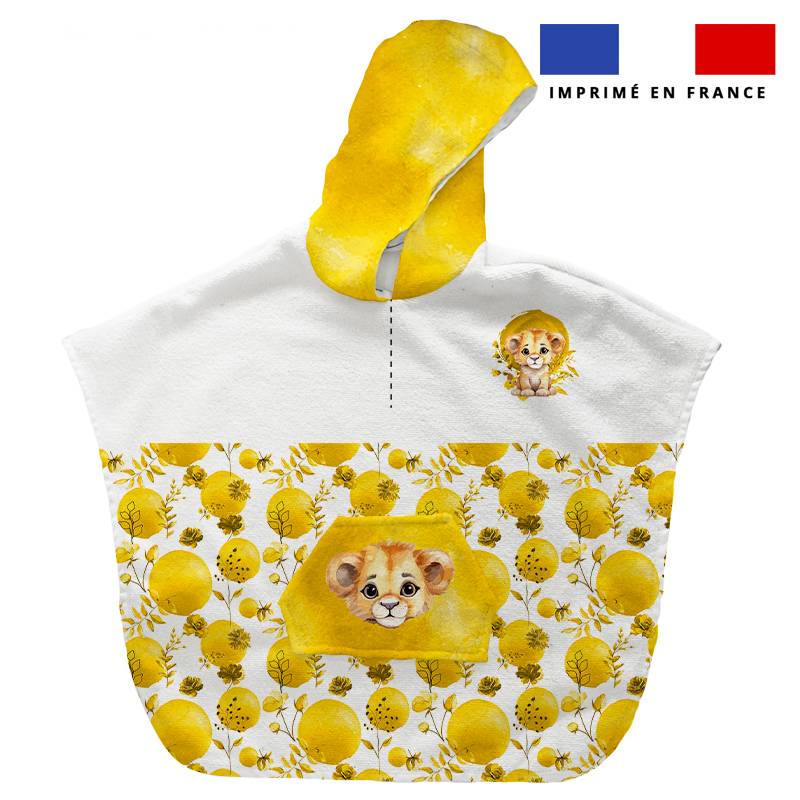 coupon - Patron imprimé sur tissu éponge pour poncho de bain motif lionceau aquarelle - Éponge bambou 290 gr/m² - 6 ans