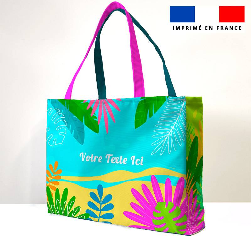 coupon - Défaut inscrit "maitresse a la retraite" Kit couture sac cabas personnalisé - Feuilles tropicales roses et bleues - Tissu imperméable 300gr/m² - King (grand)