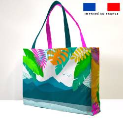 coupon - Défaut inscrit "a mon amie" Kit couture sac cabas personnalisé - Feuilles tropicales roses et bleues - Tissu imperméable 300gr/m² - King (grand)