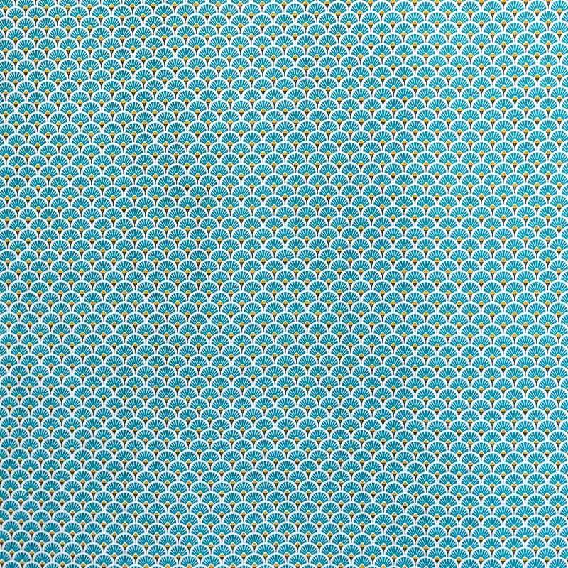 Coton imprimé éventails bleu canard et or